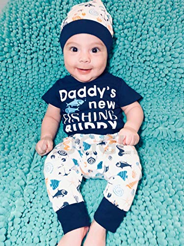 3Pcs Baby Boys' Daddy's New Fishing Buddy Outfit Set Short Sleeve Bodysuit, Blue02, 0-3 Months #TOP4