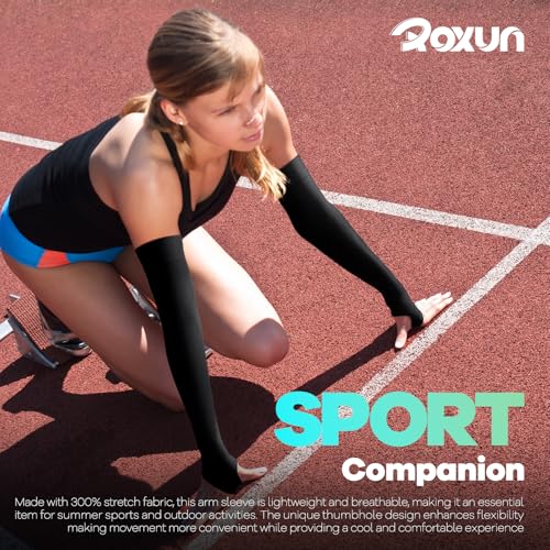 ROXUN 4 Pairs Arm Sleeves with Thumb Hole, Cooling UV Protection Compression Tattoo Cover Up for Men/Women 4 Black - Thumbnail 2