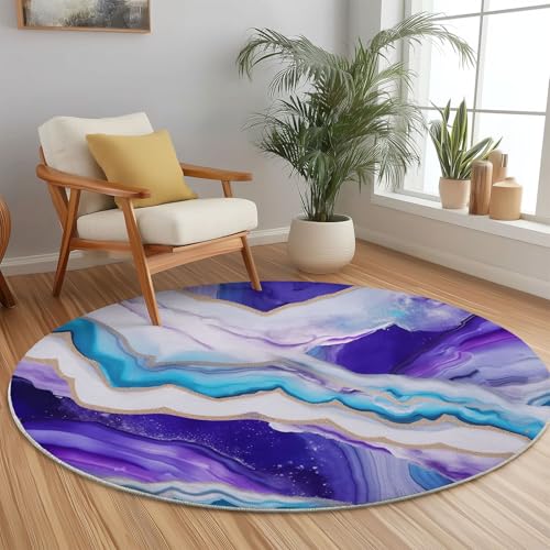 Tapis rond lavable abstrait violet de 120cm avec texture marbre - 3