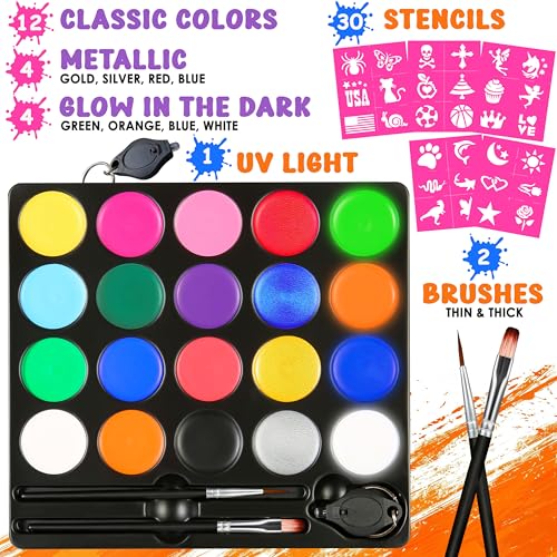 Jim&Gloria Face Painting Kit for Professional Party Makeup, Skin Safe Facepaint Body Paint Palette Metallic, Glow in the Dark with Tattoo Stencils, Brushes, UV Black Light Easter Gifts for Teens