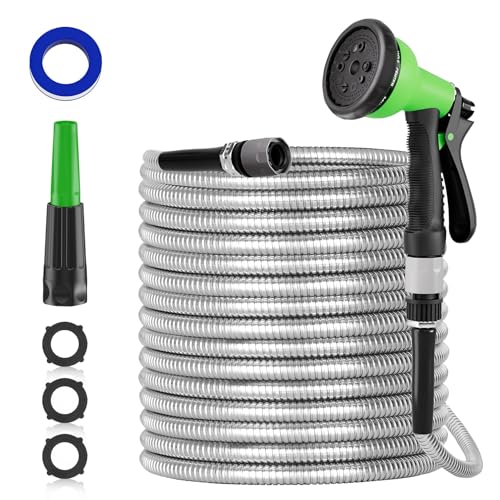 SPECILITE 100ft 304 Stainless Steel Garden Hose Heavy Duty Flexible Metal Water Pipe with 2 Nozzles for Yard Outdoor No Kink and Tangle Puncture Resistant