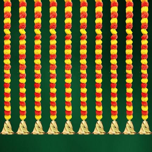 Image of ALOUD CREATIONS 5Pc Handmade Artificial Marigold Flowers with Bell Hanging | Latkan Toran for Home, Office, Festival, Pooja Room | Artificial Flower Backdrop for Decoration | 5 Feet Length (60 inch)