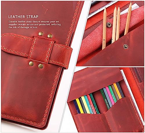 Image of Robrasim Leather Pencil Case Pouch, Handmade Artist Draw Pen Case Roll, Rustic Leather Painting Brush Case and Tool Organizer, Wine