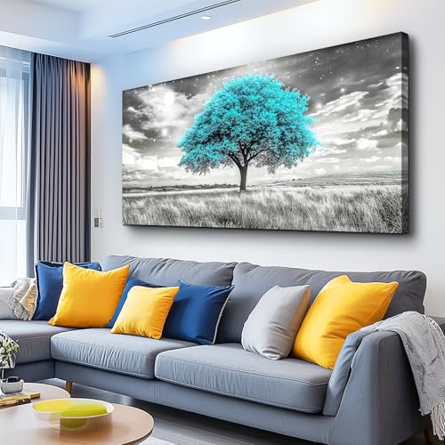 KELIYUAN Modern Canvas Print Wall Art Blue Tree Painting Full Of Stars Black And White Art pictures Natural Landscape Wall Decoration Suitable For Living Room Bedroom Office Framed Stretch 20x40 In