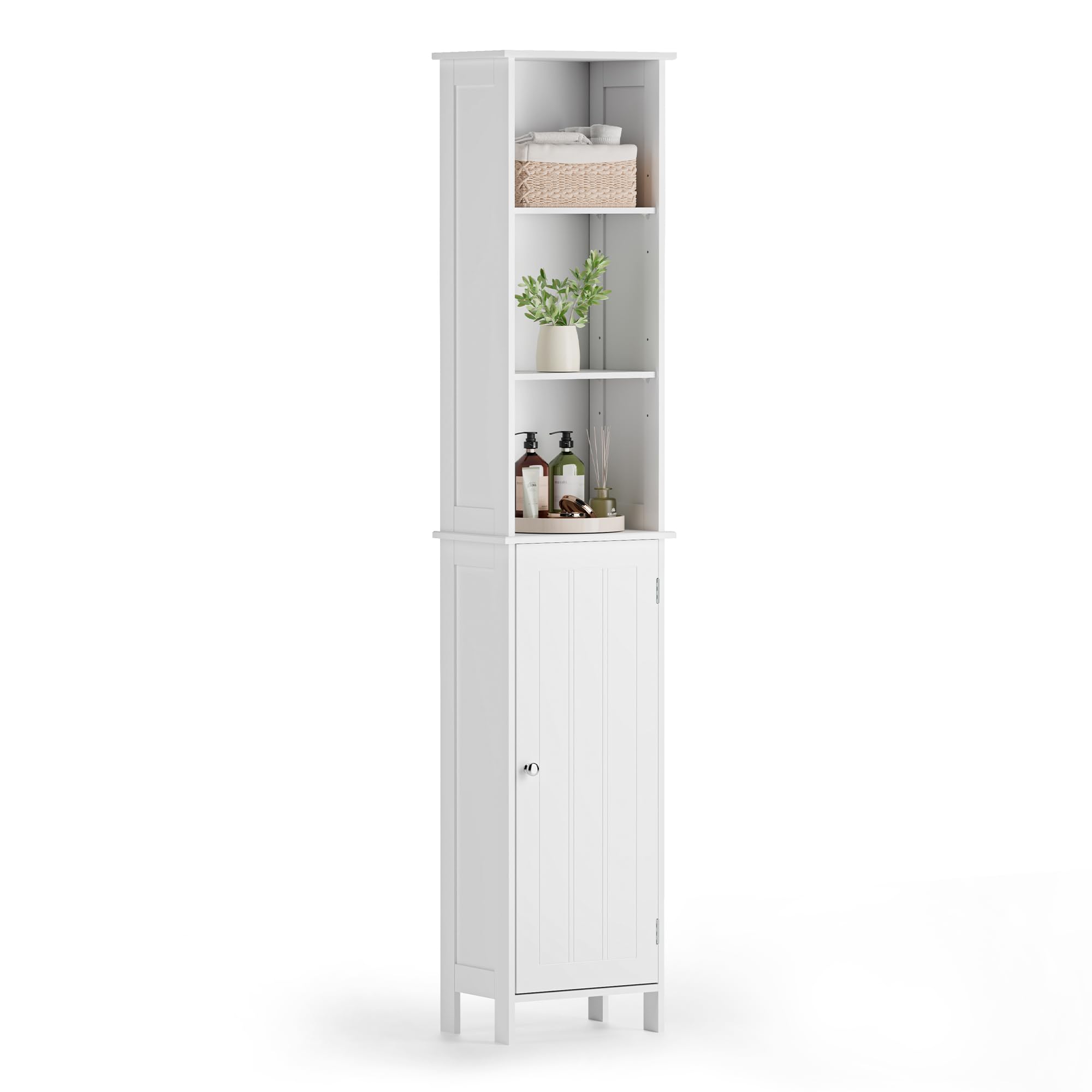 Tall Bathroom Cabinet - White Freestanding Bathroom Storage Cabinet with Cupboard - Space Saving Tallboy Unit with 6 Shelves - Slimline with Shaker Tongue & Groove Design - Holbrook