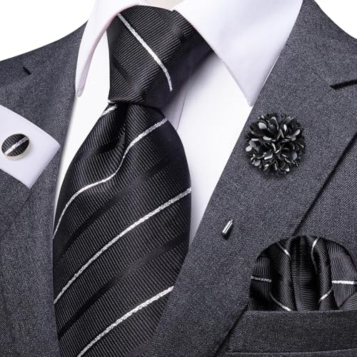 Image of Dubulle Mens Tie and Lapel Pin Paisley Black White Striped Floral Necktie for Men Pocket Square Cufflinks Wedding Party