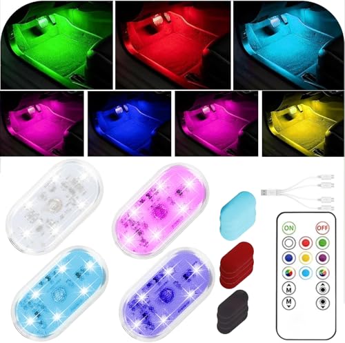 4Pcs LED Interior Car Lights with Remote,7 Colors Sync to Music Ambient Lighting Car Interior with 6 Bright LED Lamp Beads,Portable USB Rechargeable Car Interior Led Night Light for Car Decoration