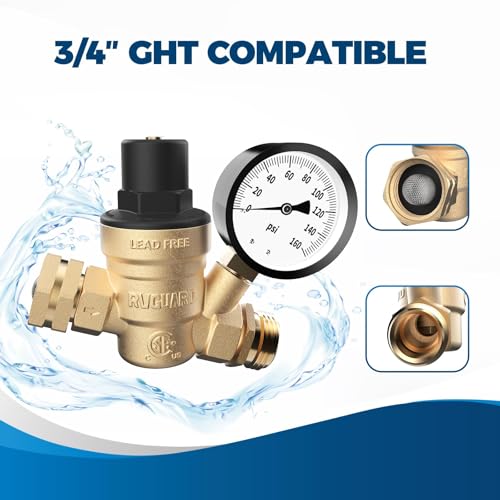 Image of RVGUARD RV Water Pressure Regulator Valve, CSA Approved, Lead-Free Brass Adjustable Water Pressure Reducer with Gauge and Inlet Screen Filter for RV Camper Travel Trailer (Pack of 2)