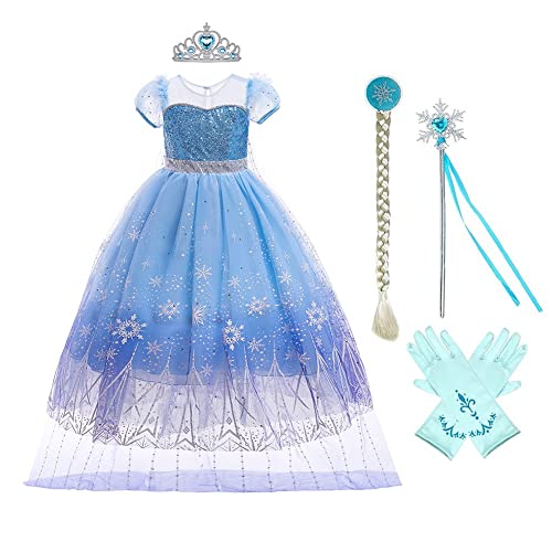 MYRISAM Disfraz de princesa para niñas, disfraz de Elsa congelado, vestido de Halloween, cosplay, fiesta, Navidad, cumpleaños, con accesorios, color azul 6-7T Cover