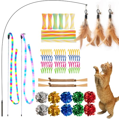 SHIPPOU Cat Toys 40 Pack - Interactive Variety Set for Cats & Kittens with Cat Wand Toys Feather Toys Crinkle Balls Springs & Silvervine Sticks to Reduce Anxiety & Destructive Behaviour