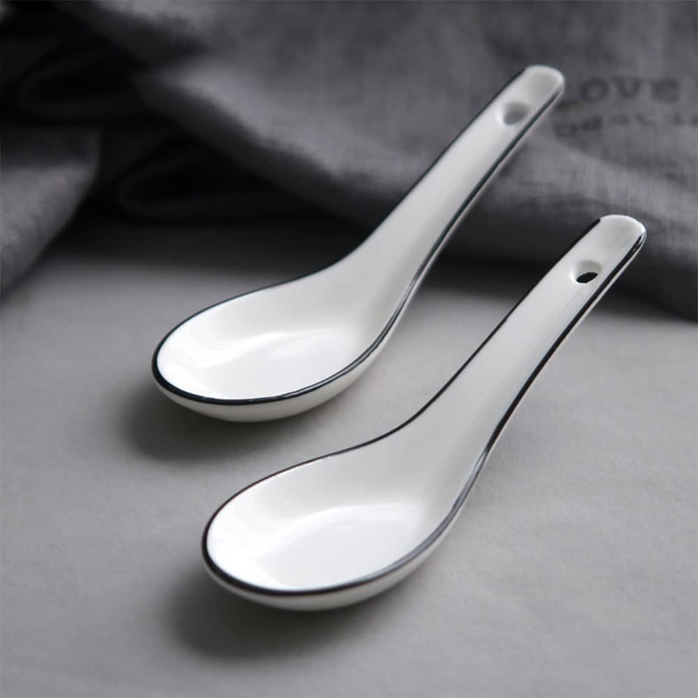 Łyżka stołowa Prosta ceramiczna długie uchwyt łyżka kostki Chiny łyżka Zestaw czarnych linii łyżka Łyżeczki do kawy deserowej (Quantity : 4)