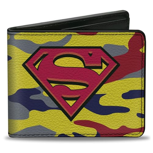 Buckle-Down Men's DC Comics Wallet, Bifold, Superman Shield Camo Yellow Gray Blue Red, Vegan Leather, 4.0