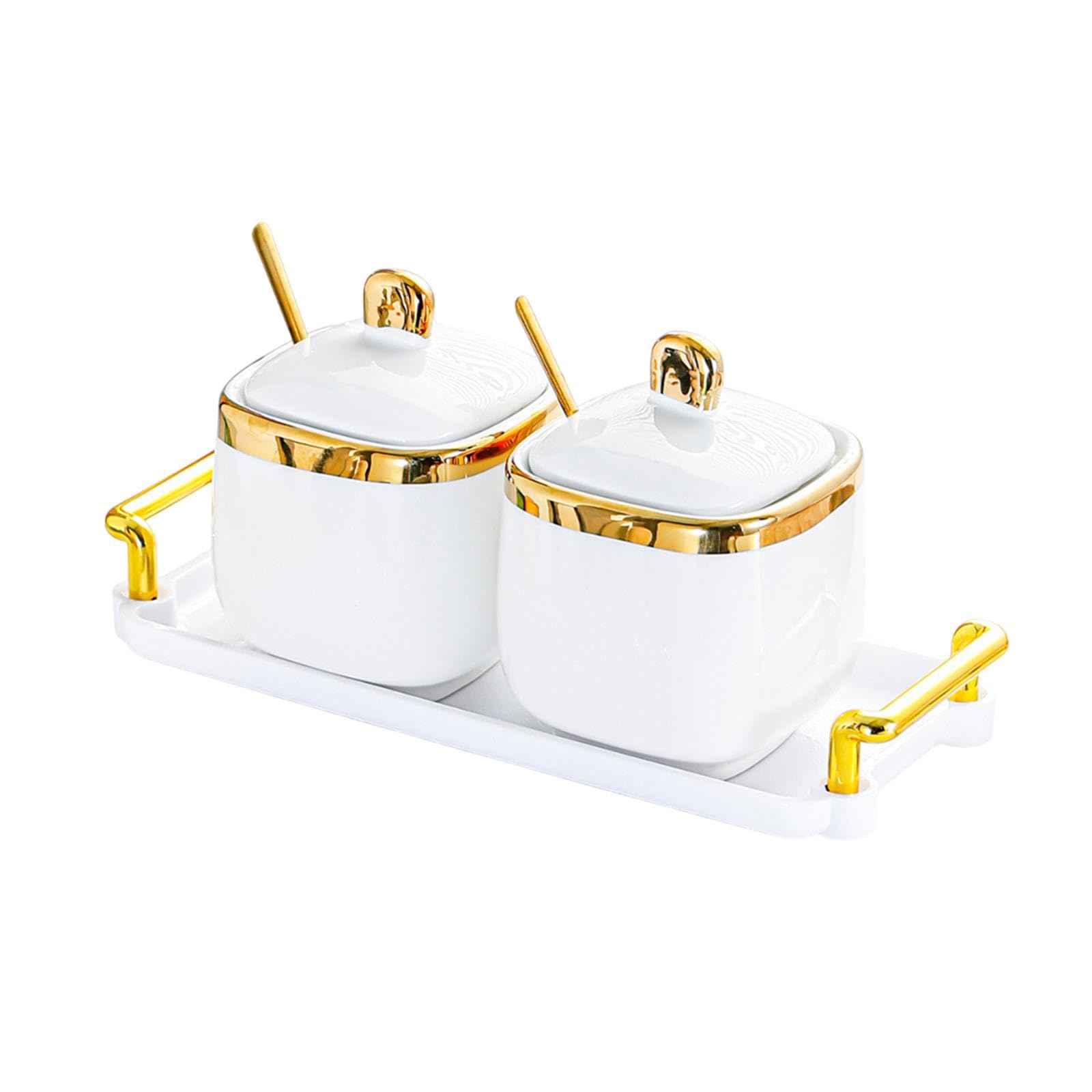 Fenteer Récipient en Porcelaine pour Condiments, Boîte à épices, Contenant pour Sucre et Sel avec Cuillère, 2 Pots d'or