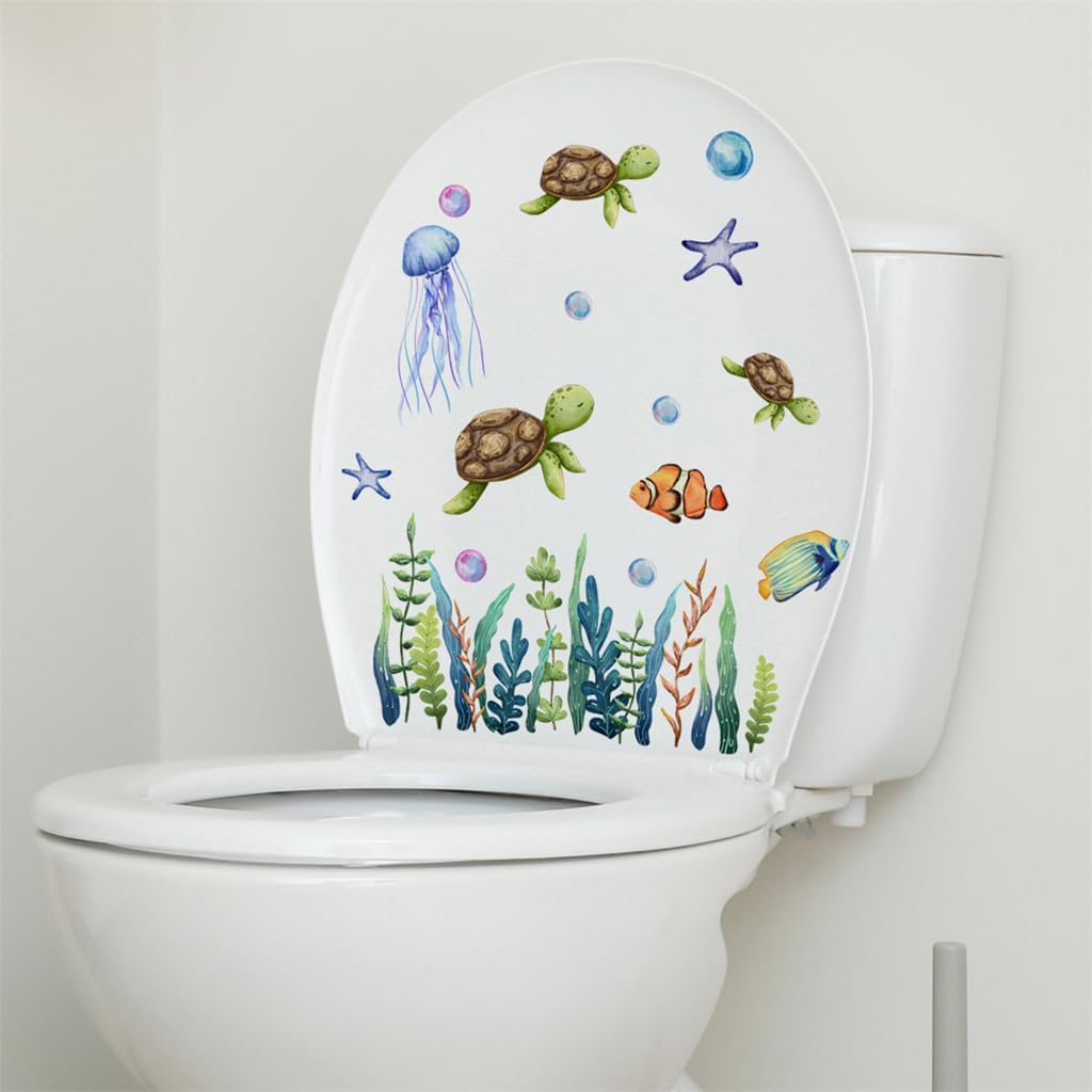Under The Sea Toilet Stickers Creative Ocean Fishs Jellyfish Seaweed Coral Bubbles Sea Turtle Coral Toilet Seat Decals Removable Waterproof Toilet Seat Lid Cover Decor