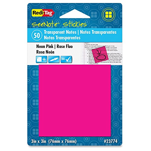 Image of Redi-Tag SeeNote Stickies Transparent Sticky Notes, 50-Pack, 3 x 3 Inches, Neon Magenta (23774)