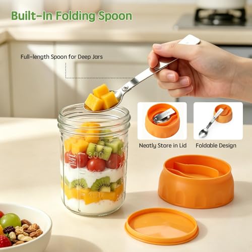 Image of Overnight Oats Containers with Lids & Spoon 4 Pack 16oz, Leak-Proof Glass Over night Oat Jars with Divided Compartments for Fruit & Nuts, Meal Prep Mason Jars for Oatmeal Yogurt Chia Seed Pudding