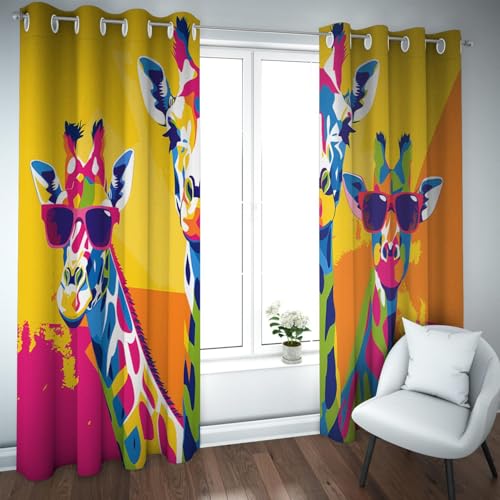 PARREN Cortinas Opacas Dibujos Animados Acuarela Tratamientos Ventana con patrón Jirafa para el oscurecimiento estético la habitación del Dormitorio Amarillo Extra Ancho W140xL260cm 2 Paneles