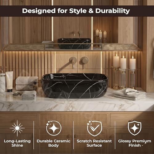 Image of Designer Ceramic Wash Basin For Bathroom | Over Counter Bathroom Basin | Counter Top Bathroom Sink | Wash Basin For Restaurant, Hotel (18 x13 x 5 Inch) (Black White Stripe)