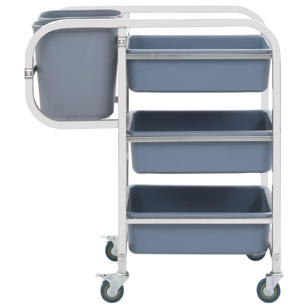 Generico Carro de cocina de acero inoxidable con contenedores de plástico, 82 x 43,5 x 93 cm, 4 ruedas con freno, capacidad 50 kg, incluye 2 recipientes pequeños y 3 grandes