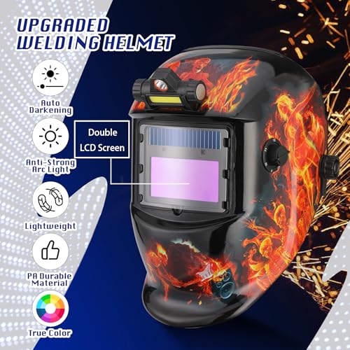 Image of WR01A Welding Helmet Auto Darkening with LED Light True Color Solar Powered Welder Hood with Adjustable Shade Range 4 /9-13 for Mig Tig Arc Welding Mask (Fire Skeleton)