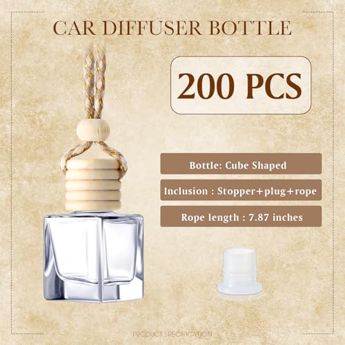 BBTO 200 Pcs Hanging Car Diffuser Bottles Bulk, Empty Clear Glass Air Freshener Bottles with Wooden Cap for Perfume Essential Oils Fragrance Aromatherapy Ornament(Square) - Image 4