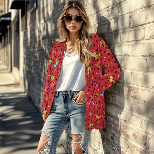Image of Forchrinse Red Ladybug Cardigan for Women Causal Long Sleeve Open Front Cardigans Sweater Fashion 2024 Fall Coat with Pockets