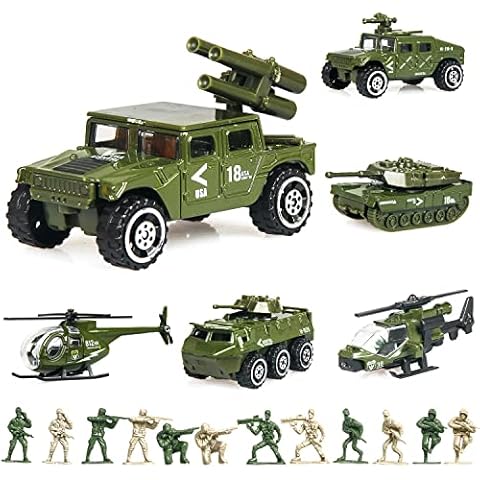18 Pack Die-cast Military Vehicles Sets,6 Pack Assorted Alloy Metal Army Models Car Toys and 12 Pack Soldier Army Men, Mini Army Toy Tank,Panzer,Anti-Air Vehicle,Helicopter Playset for Kids Boys Cover