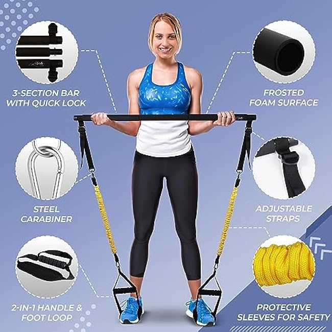 Verde Acqua Pilates Essentials Kit for Short Women with Resistance Bands - Multifunctional Pilates Sculpt Bar - Home Gym Workout Equipment - Includes Exercise Chart for Full Body Workout