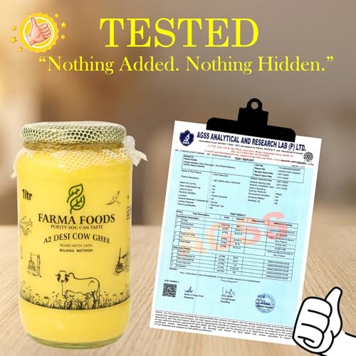 Image of FARMA FOODS A2 Desi Cow Ghee 1 Litre | Bilona Method Hand Churned | Traditional Pure Natural Ghee | No Preservatives | Farm Fresh Taste | Everyday Cooking Nutrition