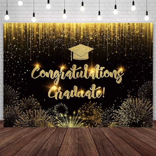 AIBIIN 7x5ft Congratulation Graduate Backdrop Congrats Class of 2025 Graduation Photography Background Black Gold Bokeh Gliter Fierworks Congrats Grad Party Decorations Banner Photo Studio Props
