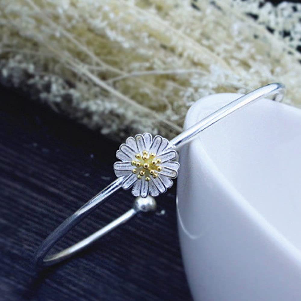 Adjustable Sterling Silver Bracelet for Women, Sterling Silver Bracelet For Women,Women 925 Sterling Silver Bracelet Adjustable Open Daisy Bangle Exquisite Ladies Bracelet Fashion Sterling Silver Jewe