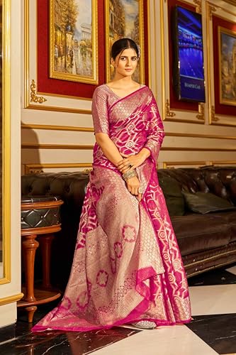 Image of SWORNOF Women's kanjivaram banarasi silk saree Zari Woven for festival Wedding silk with rich pallu Design sarees for women with Unstitched blouse piece