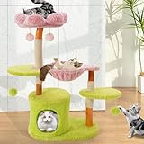 Large Cat Tree for Indoor Cats Large Adult, Cats Climbing Tower with Scratching Post, Cat Condo, Green Wood Cats Tree with cat Hammock, Flower Cat Trees, Modern Cat Tree with Dangling Ball (Green)