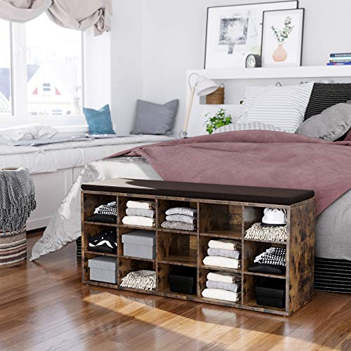 VASAGLE Shoe Bench with Cushion, 15-Cube Storage Bench, Holds up to 440 lb, Rustic Brown ULHS15BX