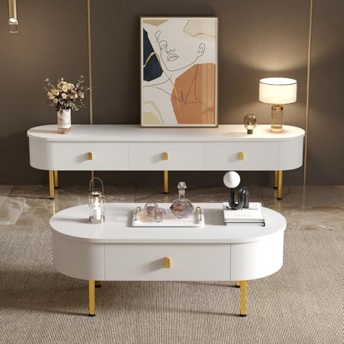 PUGSDRLY Ensemble Meuble TV et Table Basse 174×35×41cm/108x50x40cm, Meuble Bas avec Tiroirs et Bords Arrondis, Ensemble de Rangement pour Salon Moderne