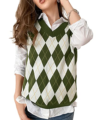 Fashionme Trendy Argyle Knitted Sweater Vest Soft Comfy Houndstooth Sleeveless Fall Spring