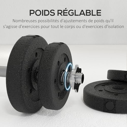 HOMCOM Ensemble d'haltères courtes total 25 kg - dumbbell paires - poids réglable - 12 plaques - barres incluses - entraînement musculaire & haltérophilie - acier polyuréthane noir – Image 4