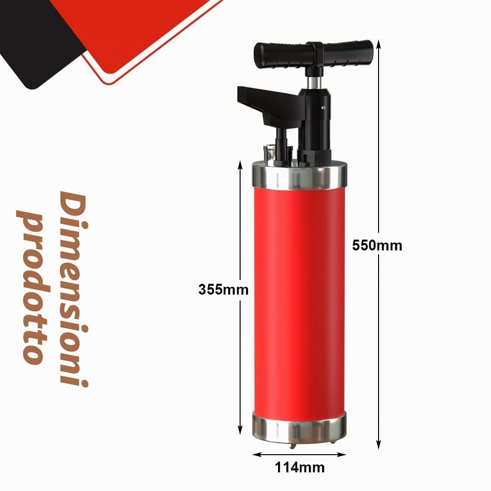 Pompa Stura Scarichi a Pressione con 4 Ventose, Pompa Stura Scarichi a Pressione Stantuffo con Manometro, Aturalavandino ad Aria Compressa, per Vasca da Bagno Cucina Bagno, Rosso