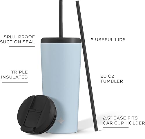 Miniatura 2 de JoyJolt Vaso de 20 onzas con triple aislamiento con tapa y popote (2 cada uno) de acero inoxidable de doble pared al vacío, con forro de cobre para