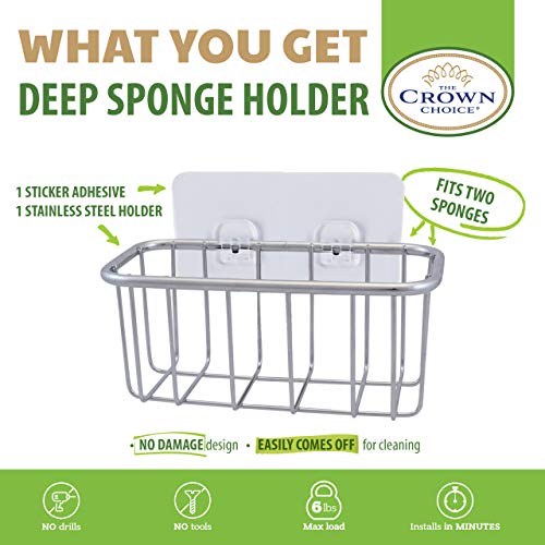 The Crown Choice Upgraded Adhesive Sponge Holder | Patented in Sink Brush Caddy | Stainless Steel Organization Does Not Fall. No Suction Magnetic Basket for Sponges, Scrubbers, Dish Brushes