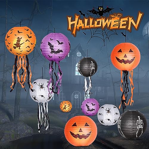 LPAOIS 10 Stück Halloween Laterne Papier Kürbis Papierlaterne Hängedeko Mit 10 Lichtern, Kürbis Märchenlampe, faltbar Fledermäuse Spinnen Geister Kürbisse Papierlaterne Halloween Party Dekoration
