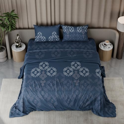 Image of BLISSHOME Everlast 150TC King Size Printed Bedsheet with 2 Pillow Covers for Double Bed, Aesthetic Bedding, Wrinkle Resistant, 100+ Wash Durable, Quick Dry, Ornate Design - Blue (228cm x 274cm)