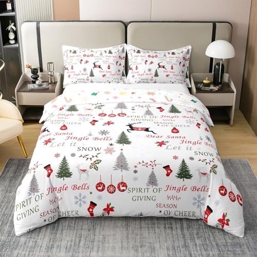Christmas 100% Cotton Duvet Cover Queen,Xmas Deer Reindeer Bedding Set for Kids Teens Adult,Red Green White Merry Christmas Comforter Cover,Bells Trees Snowflake Bed Sets with 2 Pillowcases Soft