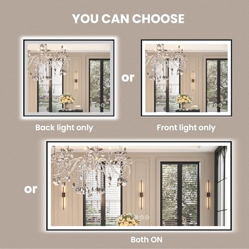 Amorho 20"x 28" LED Bathroom Mirror with Black Frame, Front Light and Backlit(Controlled Separately), Stepless Dimmable, Anti-Fog, Shatter-Proof, 3 Colors, Memory