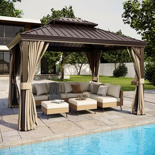 LAUSAINT-HOME-10×12-Hardtop-Gazebo-with-Nettings-and-Curtains-Waterproof-Permanent-Heavy-Duty-Double-Hard-Roofs-Gazebos-with-Brown-Aluminum-Frame-for-Lawn-Party LAUSAINT HOME 10×12 Hardtop Gazebo with Nettings and Curtains Waterproof Permanent Heavy Duty Double Hard Roofs Gazebos with Brown Aluminum Frame for Lawn Party