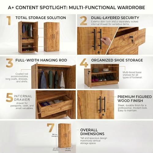 Image of FFO Matrix 2 Door Wardrobe with 2 Drawers | Multi-Purpose Wardrobe Organizer with Shelves | Engineered Wood Cupboard for Living Room, Bedroom & Office | Modern Sideboard Storage Unit Coach Wood DIY.