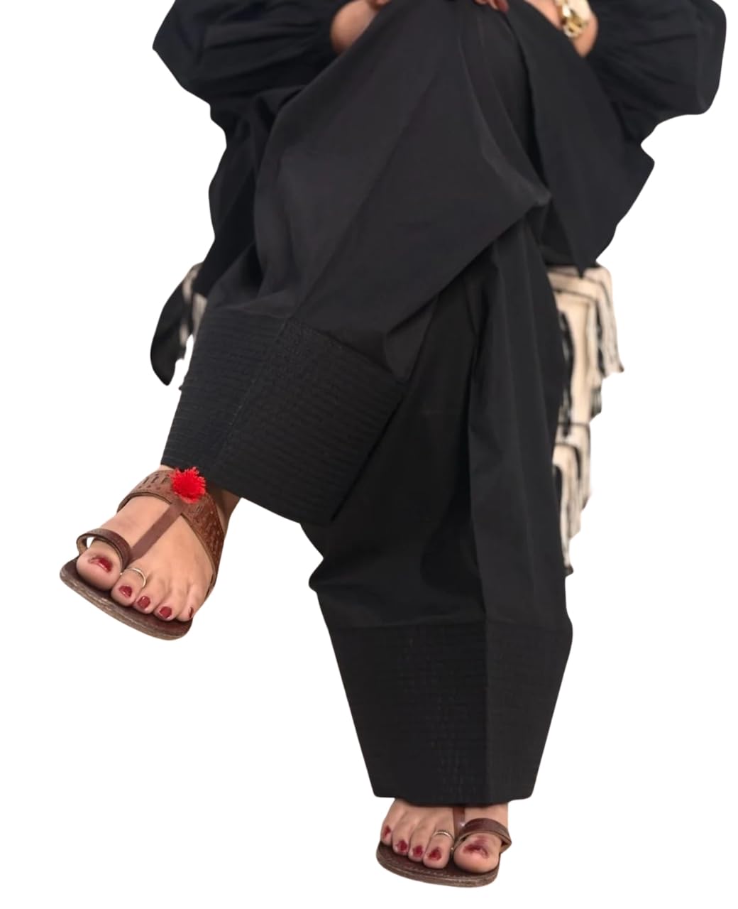Women's Black Cotton Farshi Salwar with Textured Stitch Detail | Flared Traditional Pants | Wide Hem Ethnic Bottoms |
