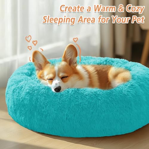 Image of JOLLYVOGUE Calming Dog Bed Medium Size Dog, 31in Donut Washable Medium Pet Bed, Anti-Slip & Anti-Anxiety Fluffy Faux Fur Round Dogs Bed, Fits up to 45 lbs Pets (Aqua Blue)