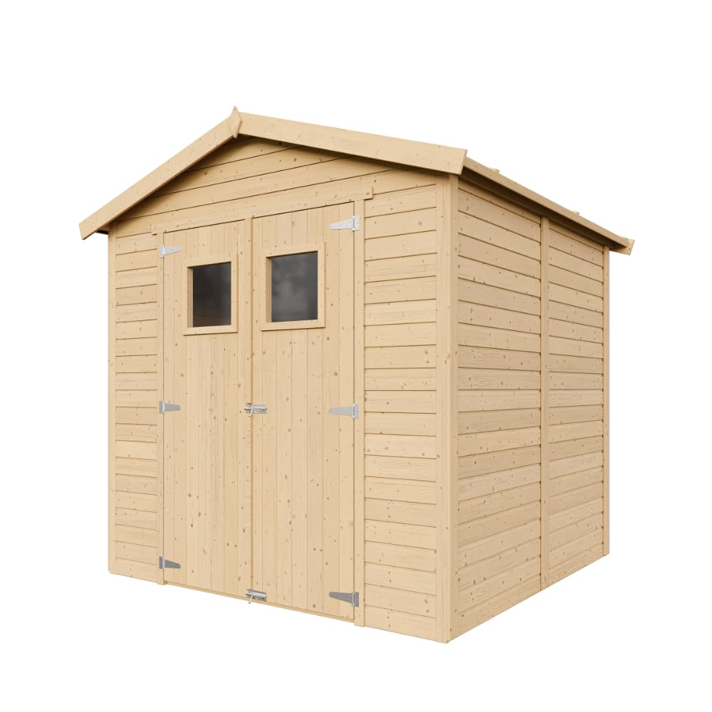 TIMBELA Gartenhaus Holz - Geräteschuppen mit Fenstern - H228x222x233 cm/4,2 m² Naturholz-Shiplap-Schuppen - Gerätehaus - Fahrradschuppen - M351