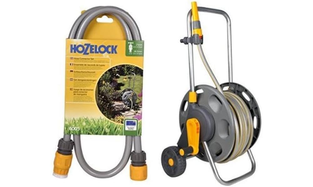 Hozelock Montierter Schlauchwagen (60 m), mit 50m Schlauch & Anschlußstücke Anschlussgarnituur, Gelb, 2 x Schlauchkupplungen